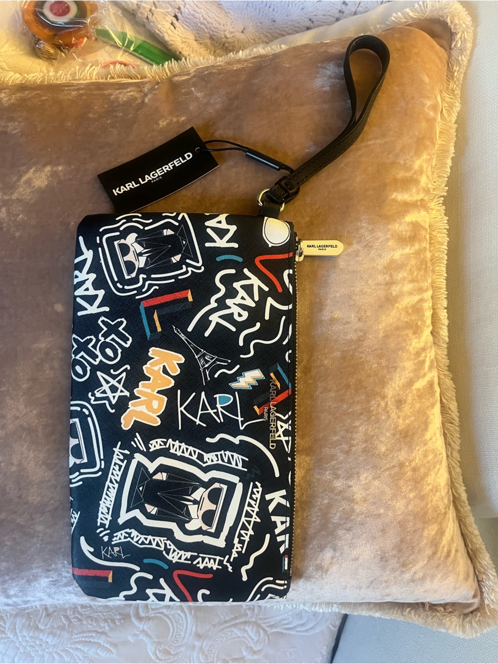 Karl Lagerfeld Black Graphic Wristlet with Multicolor Accents - NWT!